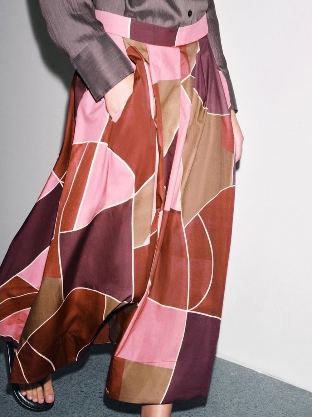 Zara Geometric Midi Skirt in Pink, Brown & Burgundy